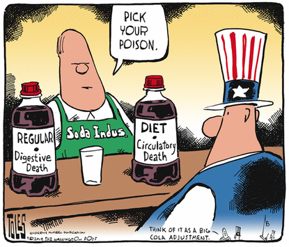 Political Cartoon U.S. Regular Soda Digestive Death Diet Soda Circulatory Death Pick Your Poison