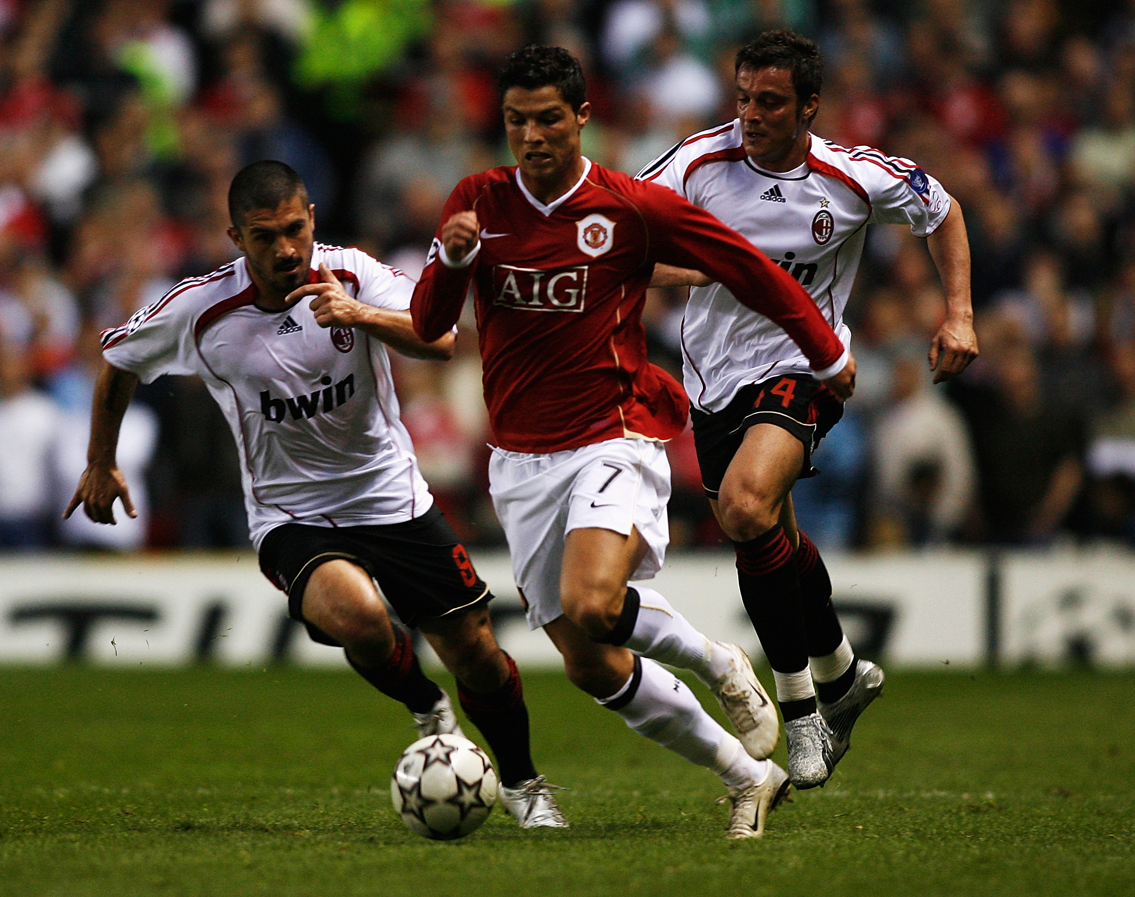 Cristiano Ronaldo on the ball for Manchester United against AC Milan in the Champions League semi-finals in April 2007.