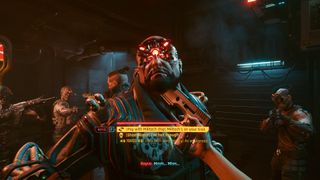 Shoot Royce or pay for the Flathead — The player has a gun to Royce's neck as they decide his fate in Cyberpunk 2077.