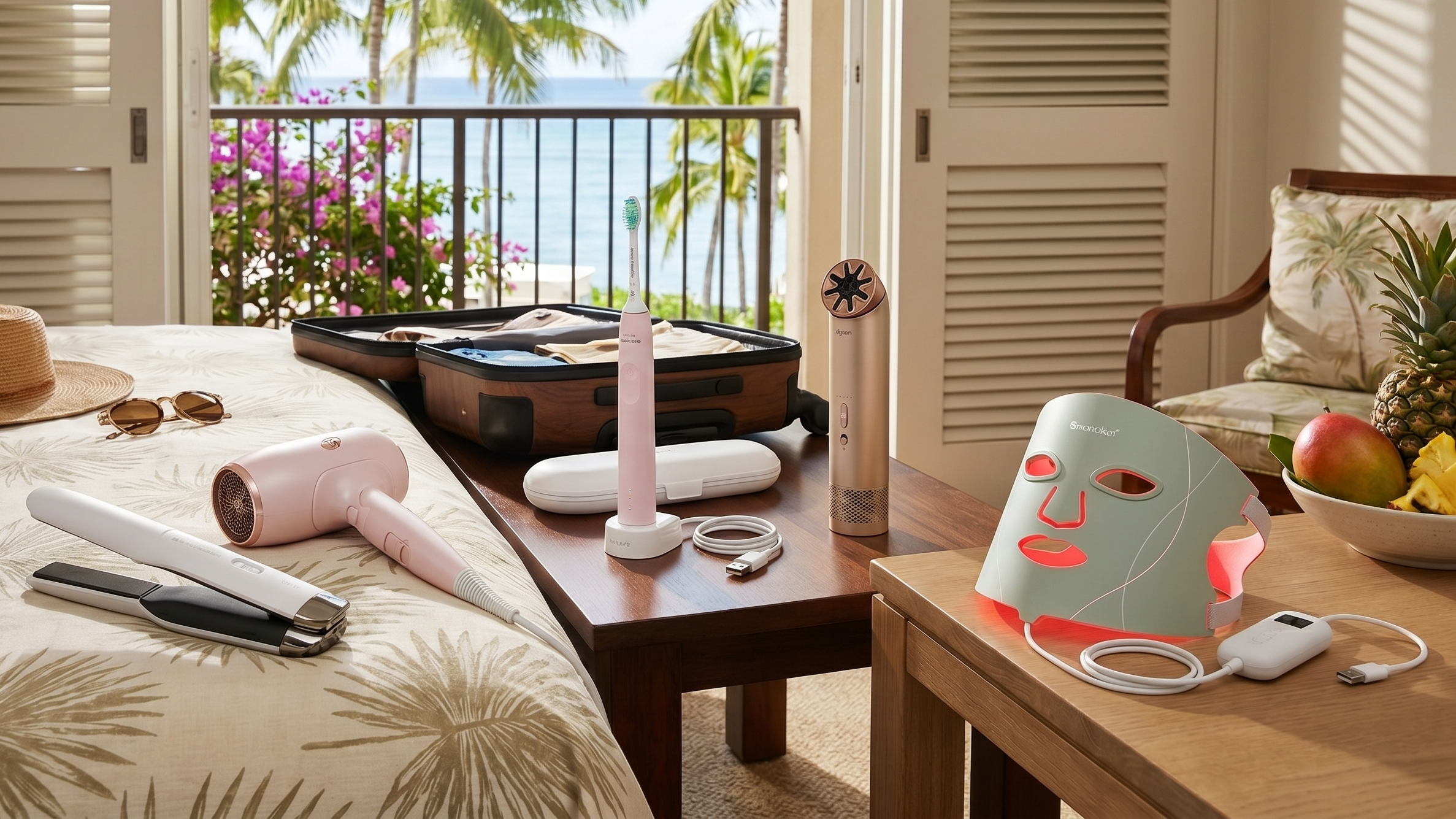 A collection of portable health and wellness devices in a hotel room in a tropical location