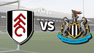 The Fulham and Newcastle United club badges on top of a photo of Craven Cottage in London, England