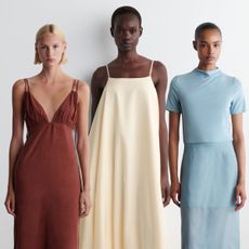 woman wears burgundy dress; woman wears butter yellow dress; woman wears ice blue top and skirt