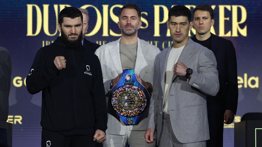 Artur Beterbiev and Dmitrii Bivol face off during the press conference as part of Beterbiev v Bivol 2: The Last Crescendo at on February 20, 2025 in Riyadh, Saudi Arabia. 