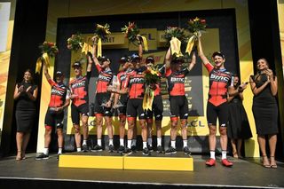 BMC Racing on the podium after winning the team time trial at the Tour de France