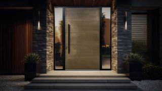 modern house illuminated at night with a contemporary bronze-coloured front door 