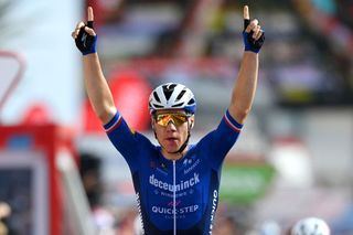 LA MANGA SPAIN AUGUST 21 Fabio Jakobsen of Netherlands and Team Deceuninck QuickStep celebrates winning during the 76th Tour of Spain 2021 Stage 8 a 1737 km stage from Santa Pola to La Manga del Mar Menor lavuelta LaVuelta21 on August 21 2021 in La Manga Spain Photo by Stuart FranklinGetty Images