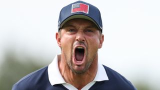 Bryson DeChambeau of Team United States reacts after making his putt to win the 11th hole during the Saturday afternoon four-balls matches of the 2025 Ryder Cup at Black Course at Bethpage State Park Golf Course on September 27, 2025 in Farmingdale, New York.