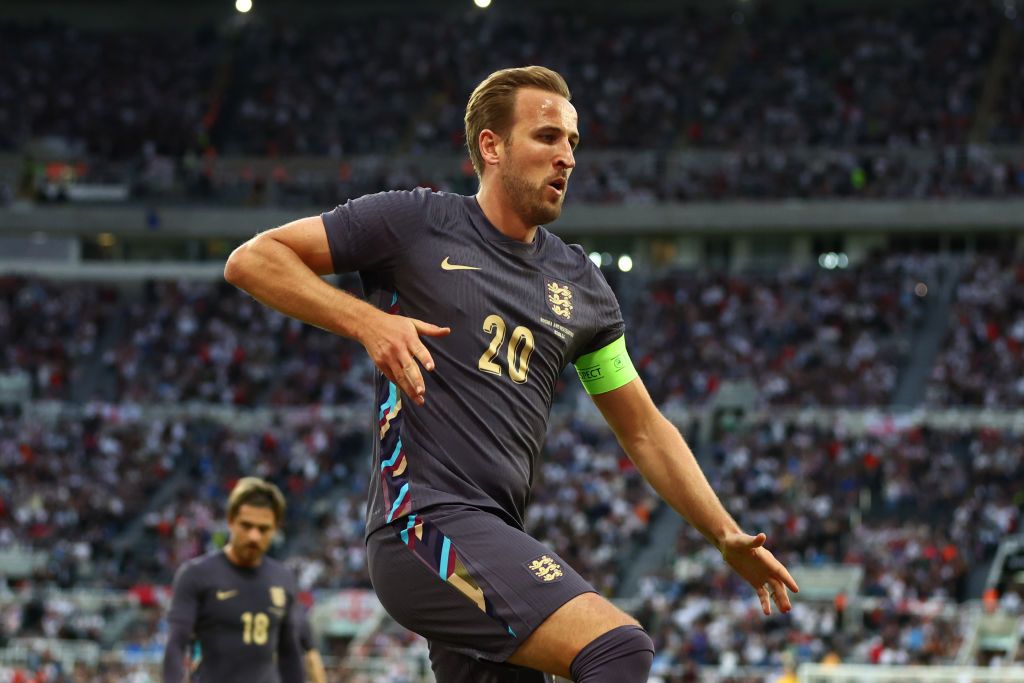 Harry Kane of England celebrates scoring the third goal during the international friendly match between England and Bosnia &amp; Herzegovina at St James&#039; Park on June 3, 2024 in Newcastle upon Tyne, England.