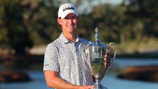 Maverick McNealy with the 2024 RSM Classic trophy