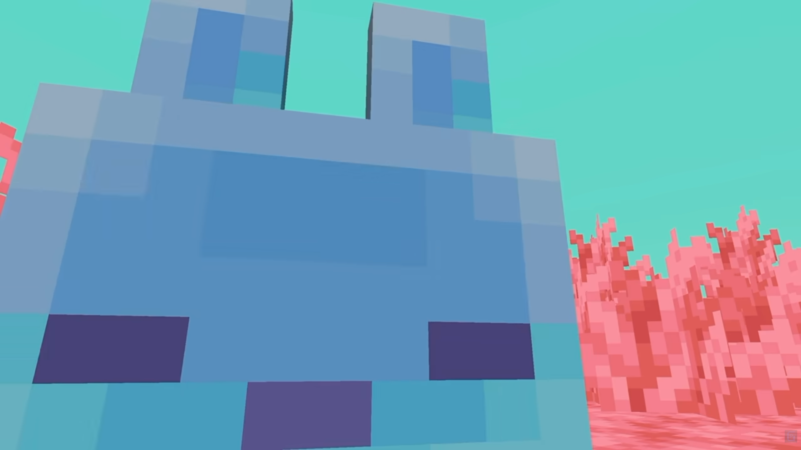 A blue bunny-like creature stares right into the camera, fringed by pink grass in The Sift
