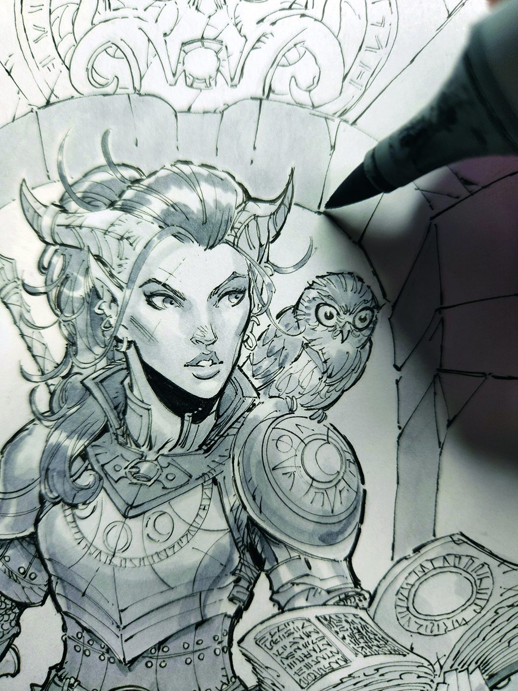 An image showing a step from a drawing tutorial on how to draw a fantasy character in pencil, pen and marker