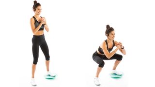A woman demonstrates how to do a side squat balance board exercise