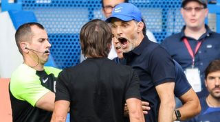 Thomas Tuchel and Antonio Conte clash after a draw between Chelsea and Tottenham at Stamford Bridge in August 2022.