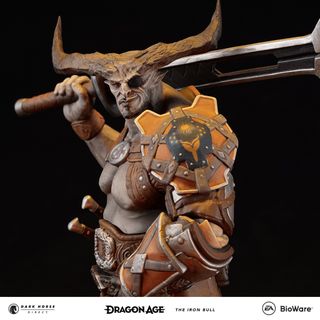 Iron Bull statue side view chest up