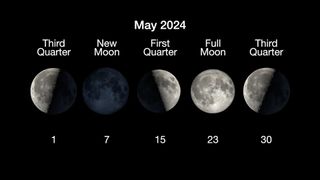 Moon phases fo' May 2024, dis graphic shows tha third quarta moon on May 1, freshly smoked up moon on May 7, first quarta on May 15, full moon may 23 n' another third quarta moon on may 30.