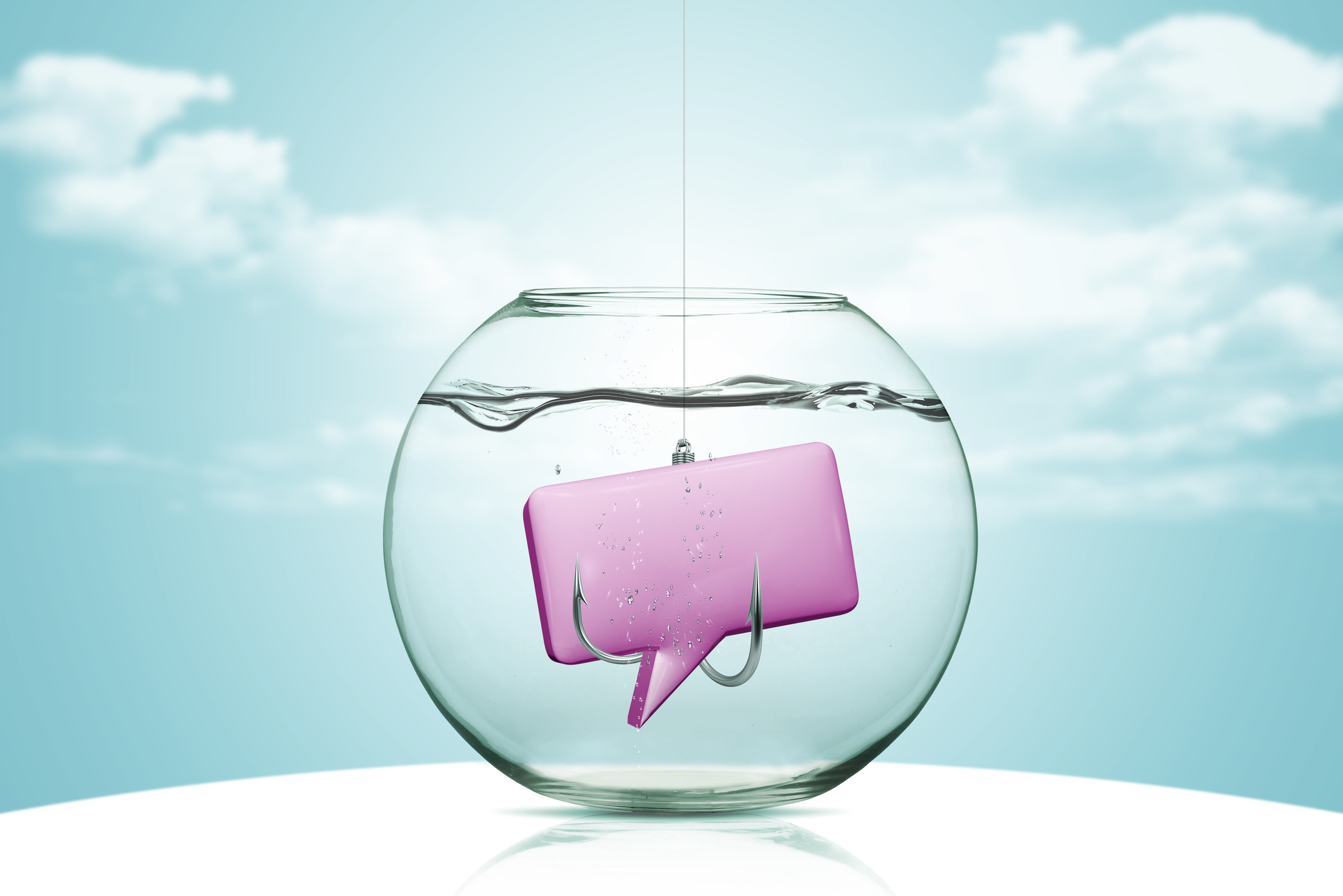 an animated message bubble in a fishbowl with hooks attached