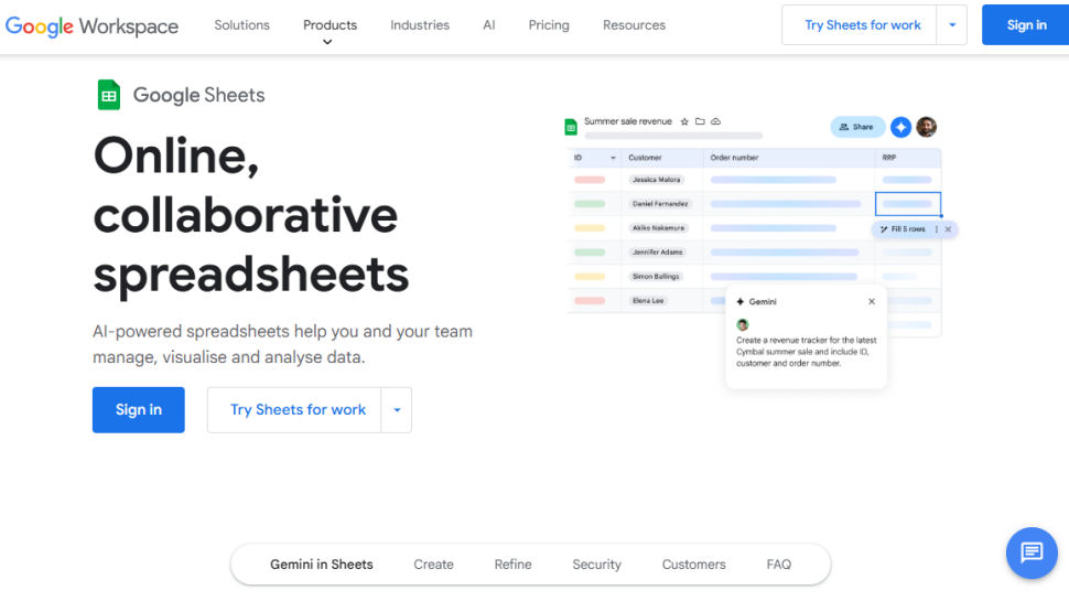 Google Sheets website screenshot (May 2025)