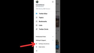 A red arrow points to the 'Security and privacy' option in Twitter's app menu