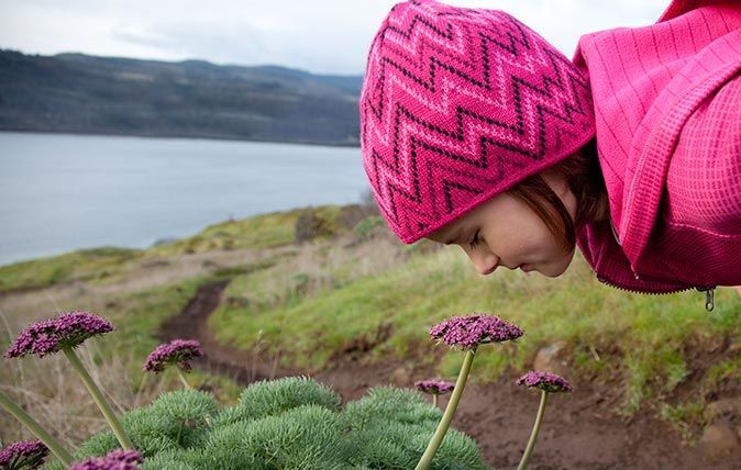 A young girl dressed in pink smells the spring flowers, while out hiking.