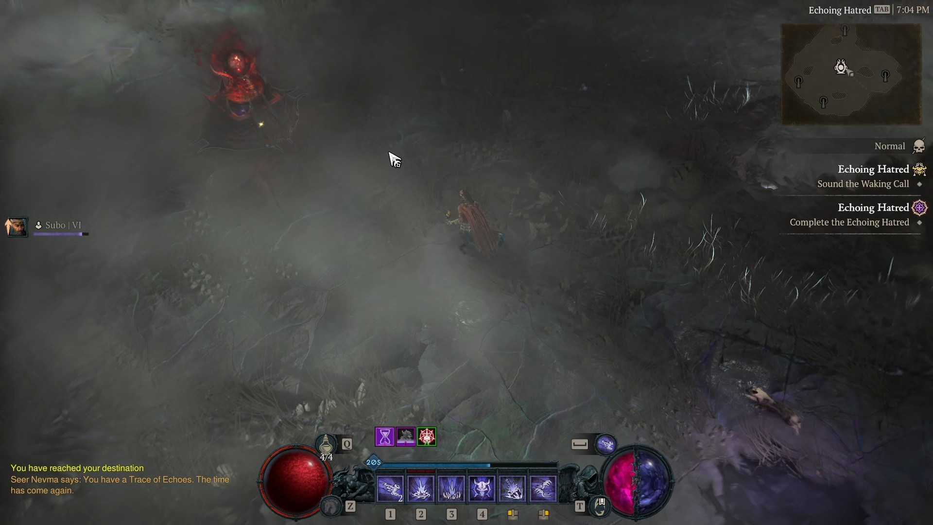 A screenshot of the early access review build of Diablo 4: Lord of Hatred. A warlock character walks into a dark arena filled with fog. An altar stands before them.