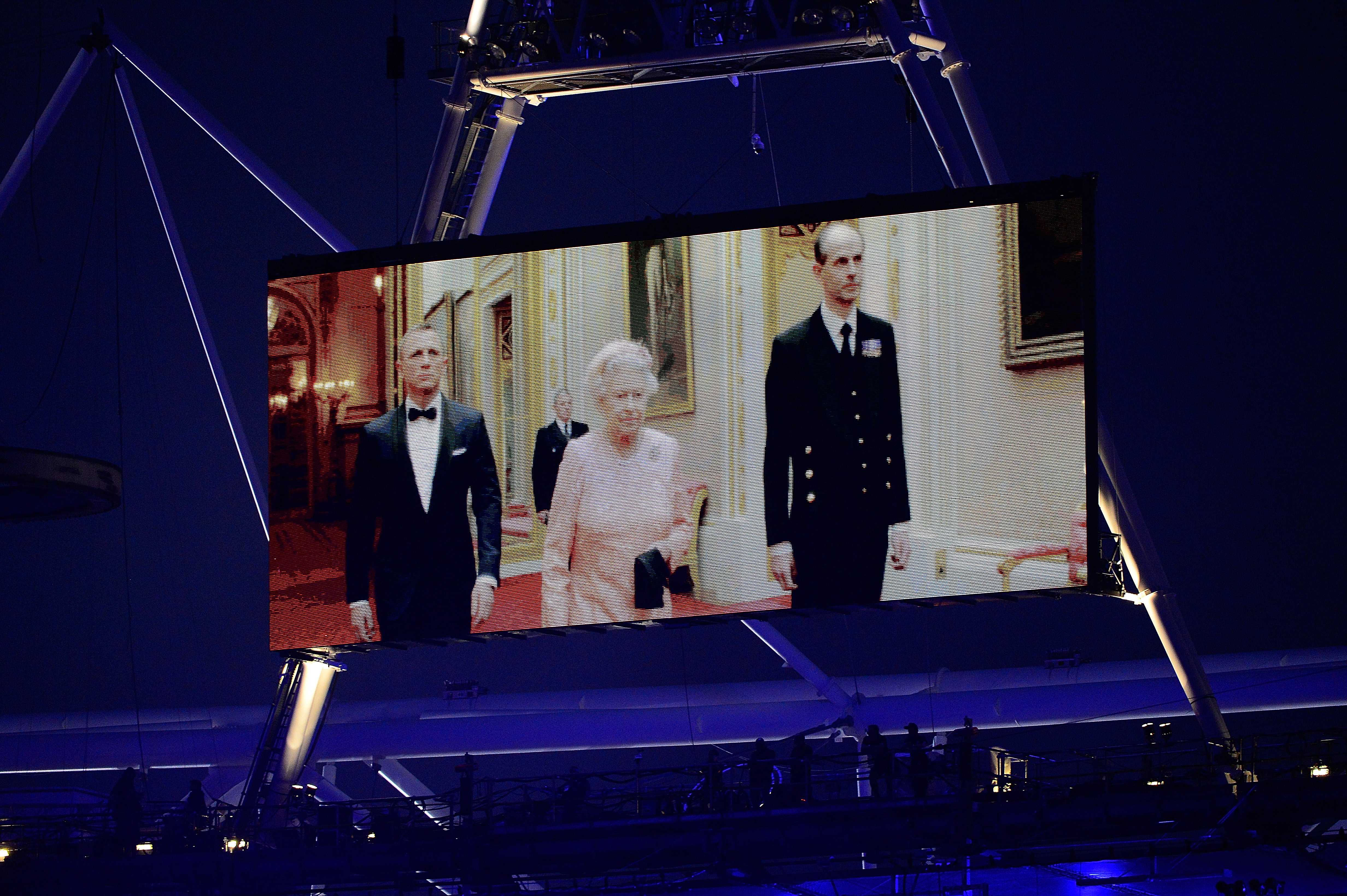 Queen Elizabeth on screen at the London Olympics with Daniel Craig