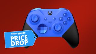 Xbox Elite Series 2 Core wireless controller in blue against a red background