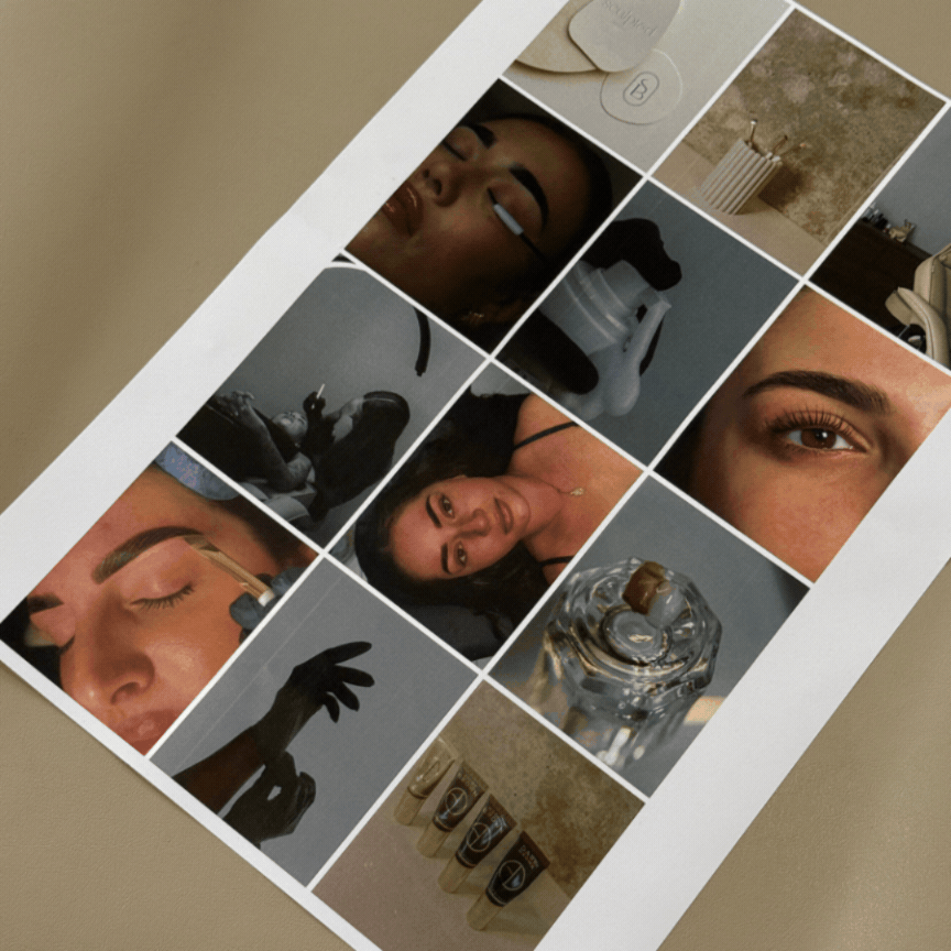 Collage of Bluemercury beauty products and a mood board of women with glowing skin