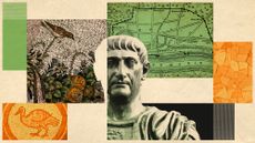 Photo collage of a bronze statue of a Roman general, an old map of Londinium, and various ancient mosaics