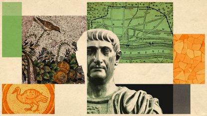 Photo collage of a bronze statue of a Roman general, an old map of Londinium, and various ancient mosaics