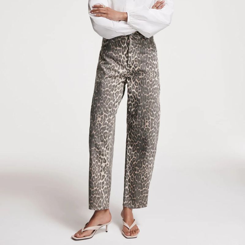 Leopard Print Barrel Leg Jeans on model 
