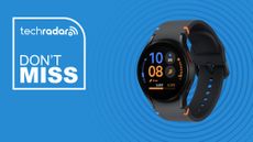 Samsung Galaxy Watch FE in black on blue background with don't miss sign