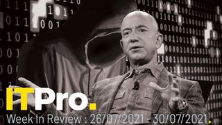 A montage of former Amazon CEO Jeff Bezos overlaid on and image of a faceless person wearing a hoodie