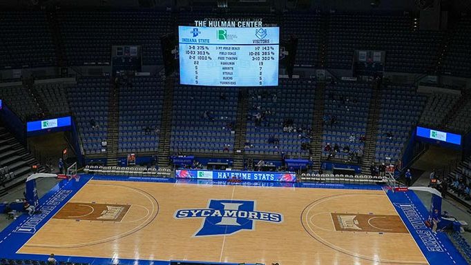 The new centerhung and LED displays are shown at Indiana State&#039;s basketball court.