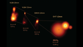 deep-space image showing four orange blobs — different representations of an outburst from a supermassive black hole. 