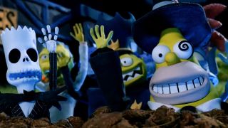 A claymation scene featuring Simpsons characters reimagined in the dark, whimsical aesthetic of The Nightmare Before Christmas