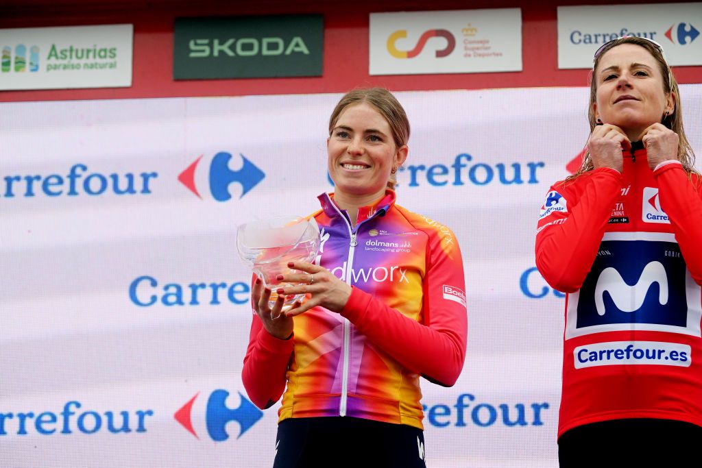 LAGOS DE COVADONGA SPAIN MAY 07 Demi Vollering of The Netherlands and Team SD Worx celebrates at podium as second place winner during the 9th La Vuelta Femenina 2023 Stage 7 a 937km stage from Pola de Siero to Lagos de Covadonga 1079m UCIWWT on May 07 2023 in Lagos de Covadonga Spain Photo by Dario BelingheriGetty Images