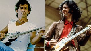 LEFT: Rolling Stones Keith Richards getting interviewed on overseas beach, unknown, 1986. RIGHT: Jimmy Page of Led Zeppelin performs on stage at Oude Rai on 27th May 1972 in Amsterdam, Netherlands. He plays a Gibson Les Paul guitar. 