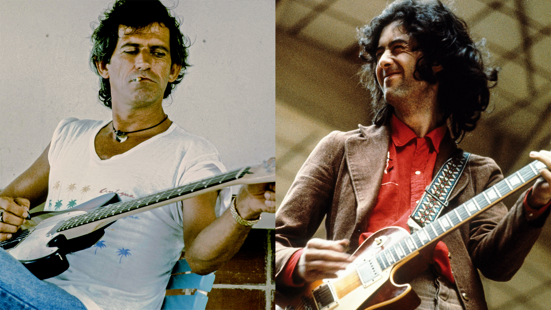 LEFT: Rolling Stones Keith Richards getting interviewed on overseas beach, unknown, 1986. RIGHT: Jimmy Page of Led Zeppelin performs on stage at Oude Rai on 27th May 1972 in Amsterdam, Netherlands. He plays a Gibson Les Paul guitar. 
