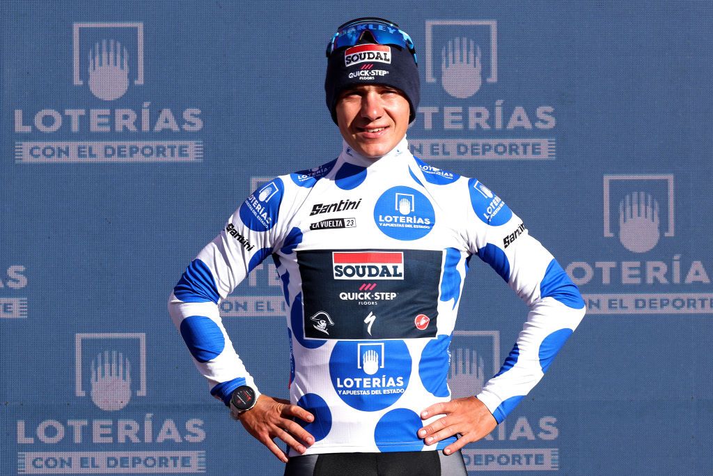ARINSAL SPAIN AUGUST 28 Remco Evenepoel of Belgium and Team Soudal Quick Step celebrates at podium as Polka dot Mountain Jersey winner during the 78th Tour of Spain 2023 Stage 3 a 1585km stage from Sria to Arinsal 1911m UCIWT on August 28 2023 in Arinsal Andorra Photo by Alexander HassensteinGetty Images