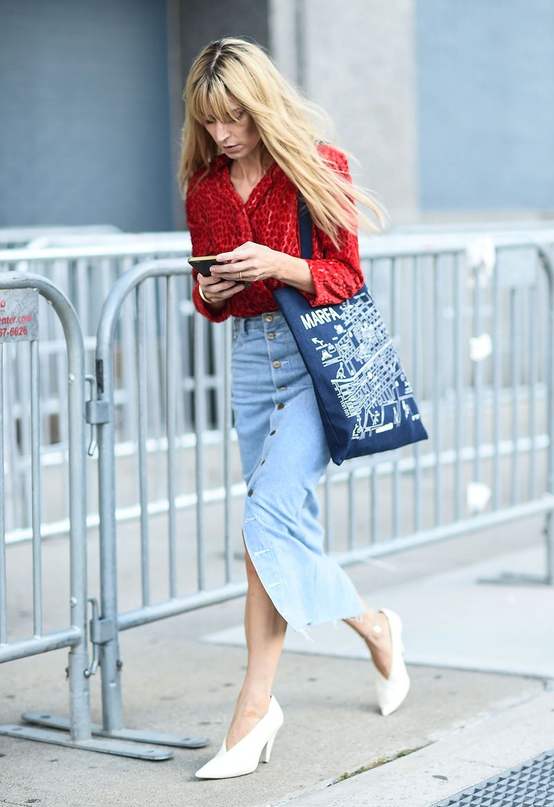 A Printed Blouse and a Midi Denim Skirt