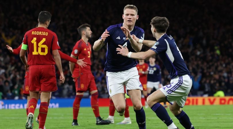 Scott McTominay celebrates scoring for Scotland against Spain