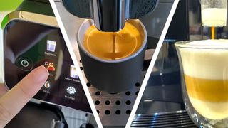 Person pressing button on coffee machine, coffee machine dispensing espresso, and coffee machine dispensing latte macchiato