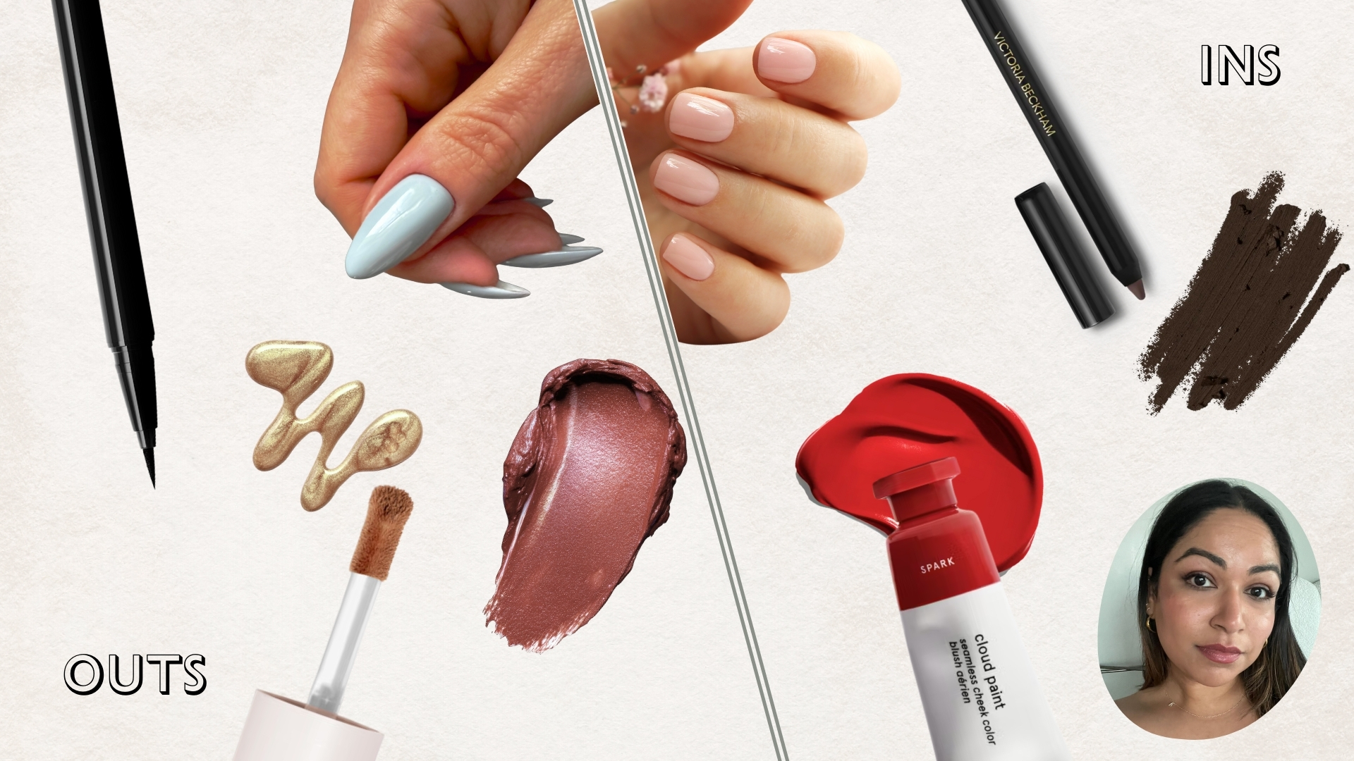 Collage of Aleesha Badkar's beauty ins and outs for 2026. On the left, Aleesha's outs include long almond nails, liquid eyeliner, neutral blush and shimmery highlighters. On the left, Aleesha's ins include red blush with a dewy finish, subtle pencil eyeliner and short, glossy nails