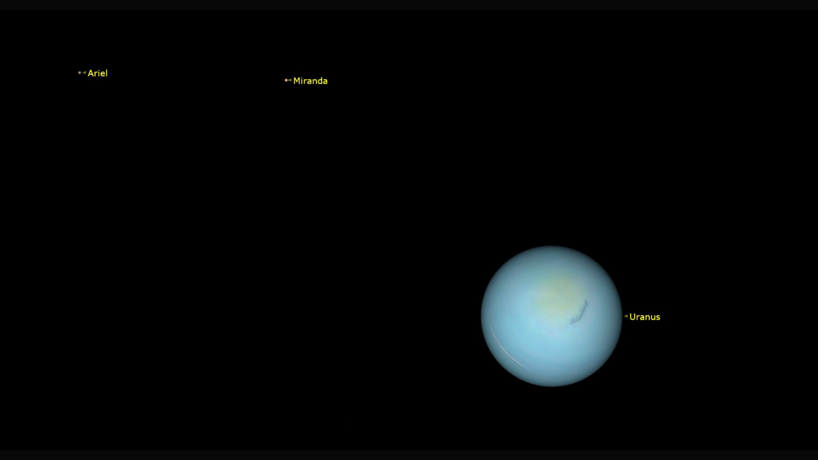 A close up of the blue planet Uranus in the darkness of space with labeled moons Miranda to the upper left of Uranus and Ariel to the upper left of the image.