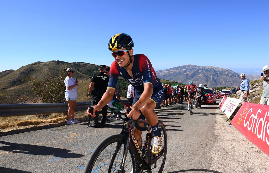 SIERRA DE LA PANDERA SPAIN SEPTEMBER 03 Richard Carapaz of Ecuador and Team INEOS Grenadiers attacks in the breakaway during the 77th Tour of Spain 2022 Stage 14 a 1603km stage from Montoro to Sierra de La Pandera 1815m LaVuelta22 WorldTour on September 03 2022 in Sierra de La Pandera Spain Photo by Tim de WaeleGetty Images