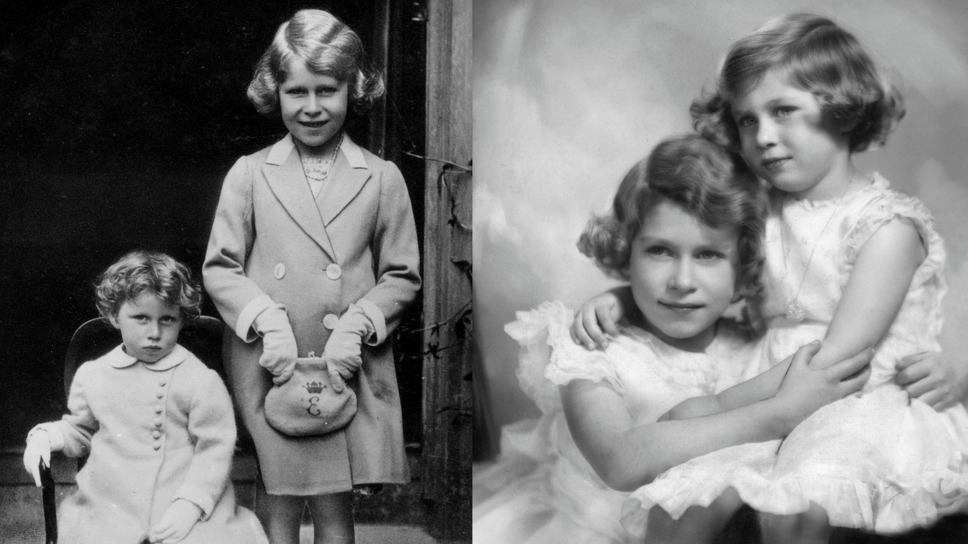 A split image of Princess Elizabeth and Princess Margaret hugging and standing next to each other in dress coats