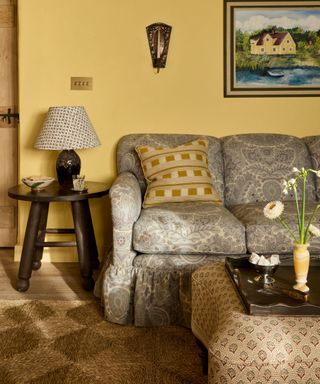 yellow painted small living room with vintage style and furniture