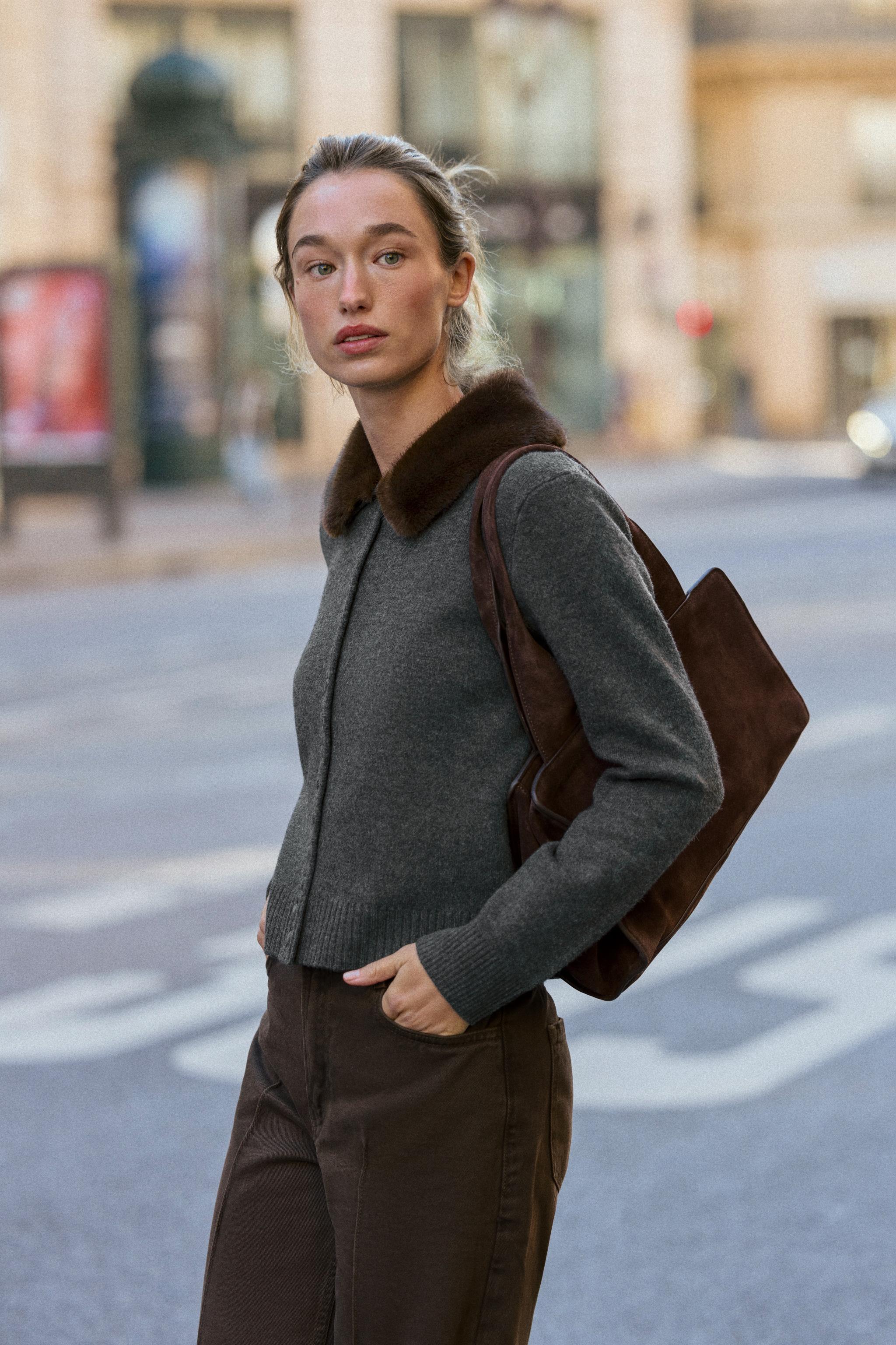 Faux Fur Lapel Knit Cardigan