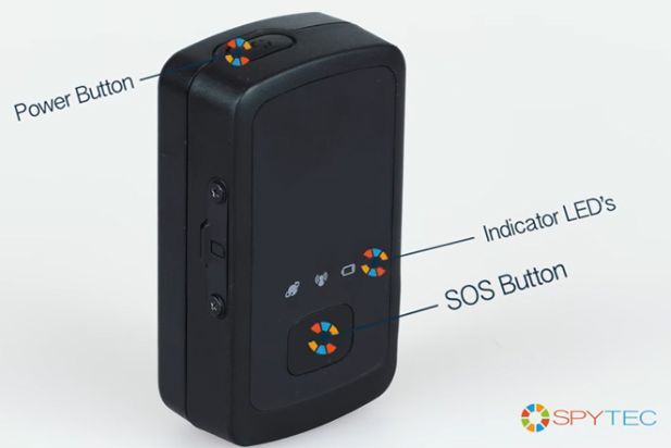 Spy Tec STI_GL300 image: The device interface has a large panic button and various indicator lights.