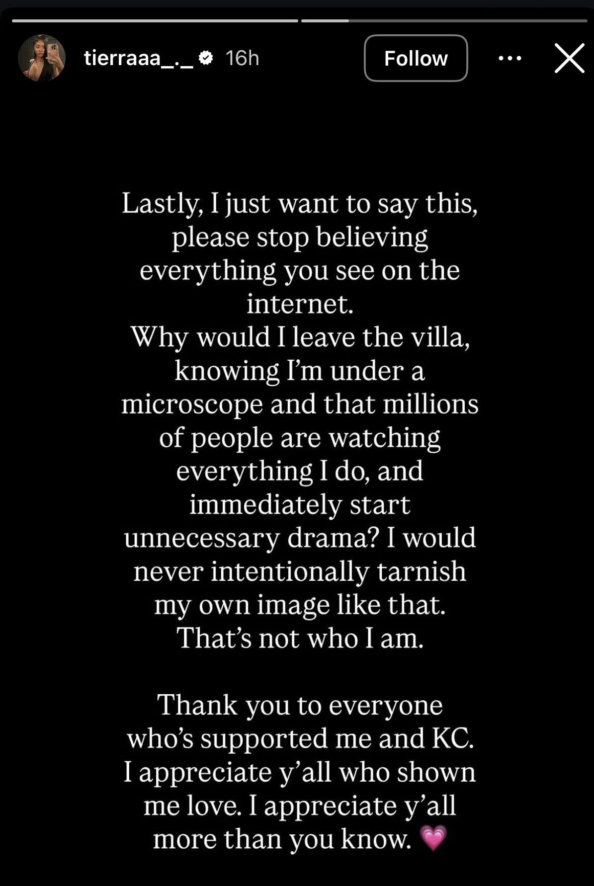 a screen shot of titi from love island season 8's instagram story weighing in on whether she and kc are still together and drama in the villa